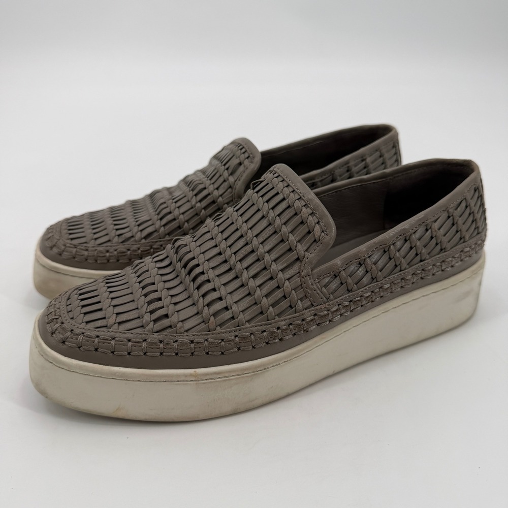 Vince Warren Woven‎ Leather Platform Slip On Sneakers Grey Taupe Womens Casual